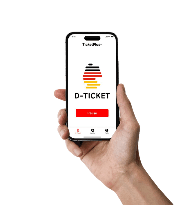 Hand hält ein Smartphone mit der TicketPlus+ App – Deutschlandticket mit Pause-Funktion, D-Ticket Bildschirm