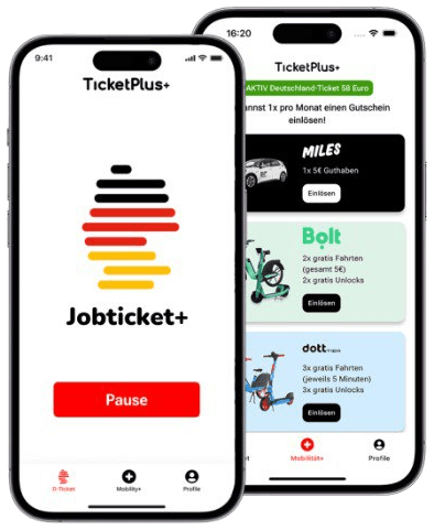 Jobticket+ App – D-Ticket und Sharing-Bildschirm
