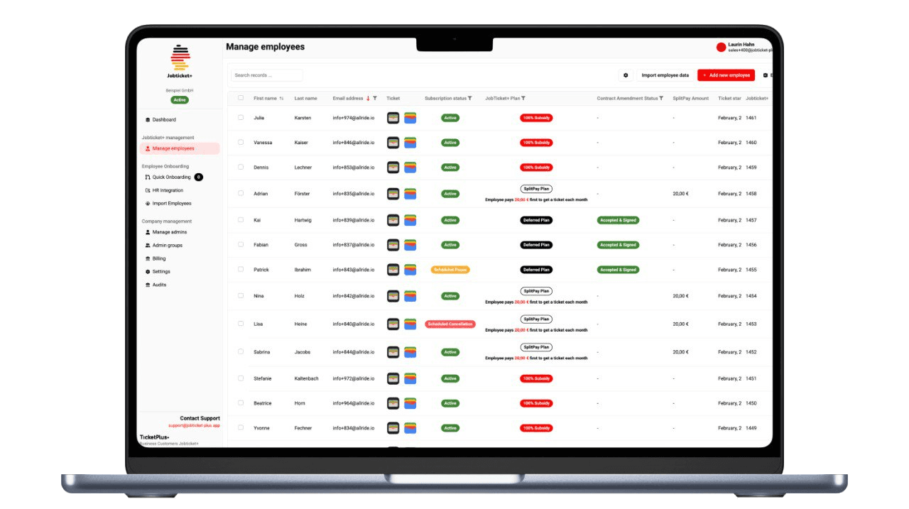 Jobticket+ HR-Dashboard – Mitarbeiterverwaltung mit Abo-Status, Finanzierungsmodell und On-/Offboarding