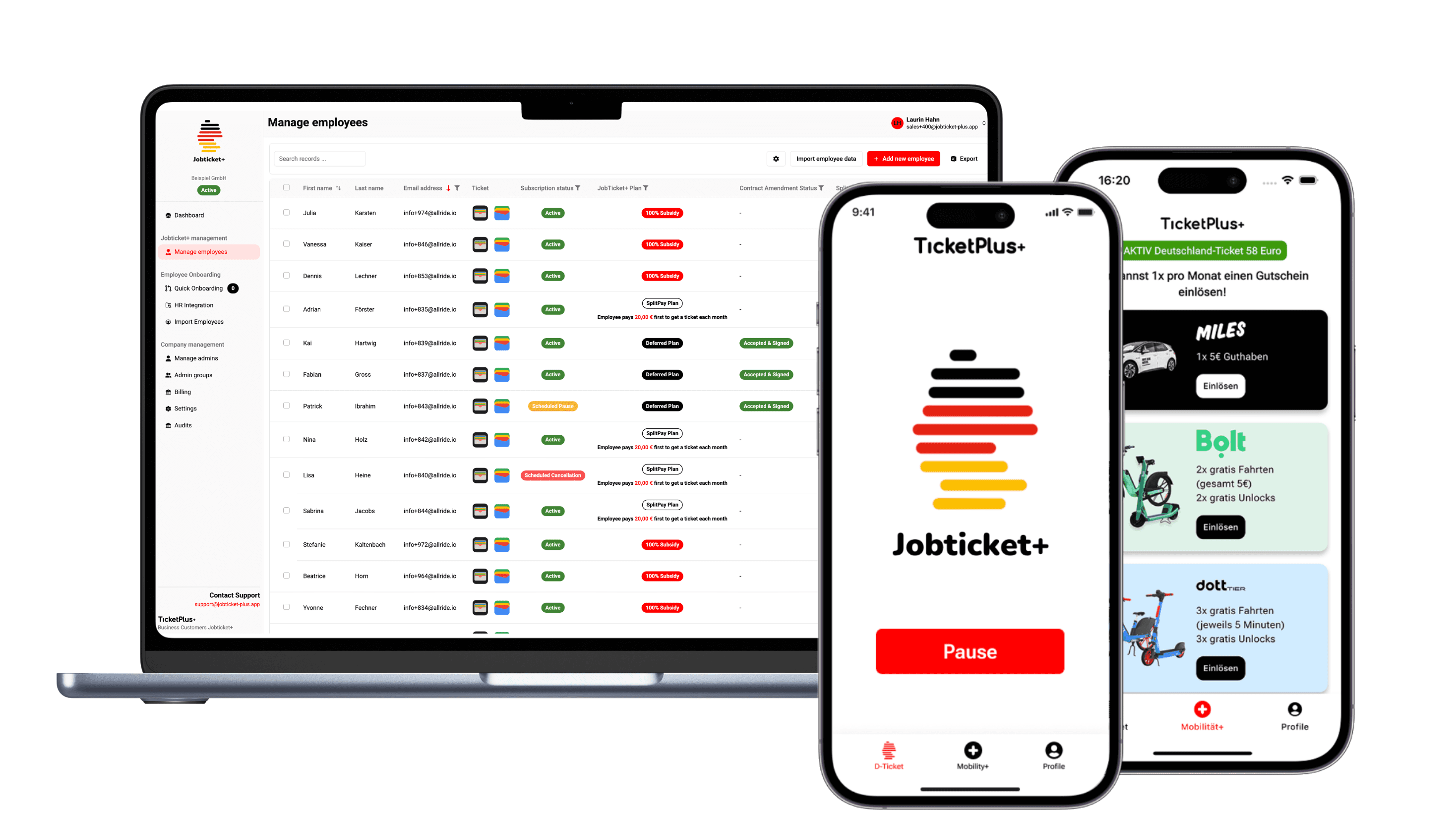 Jobticket+ – HR-Dashboard auf dem Laptop und TicketPlus+ App auf dem Smartphone