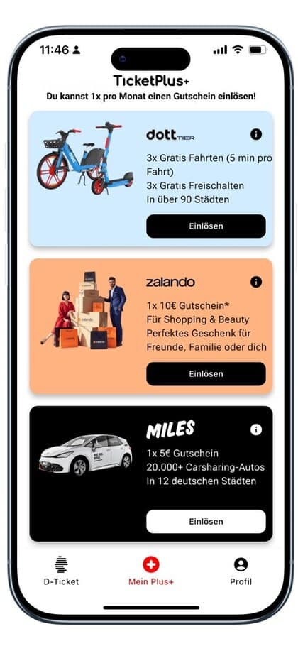 TicketPlus+ App – Mobilität+ mit MILES Carsharing, dott/TIER E-Scooter und Zalando 10 € Gutschein, monatlich inklusive beim Deutschlandticket