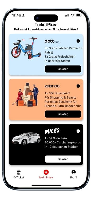 TicketPlus+ App – Mobilität+ Tab mit MILES Carsharing, dott/TIER E-Scooter und Zalando 10 € Gutschein