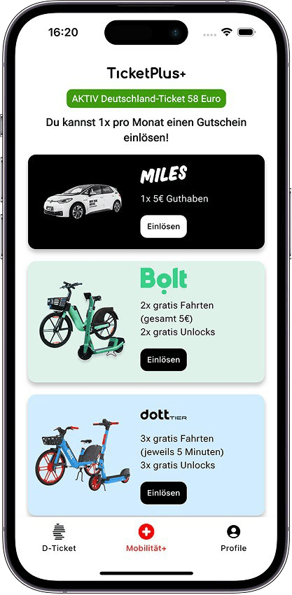 TicketPlus+ Mobilität+ Tab – MILES, Bolt, dott, TIER Gratis-Voucher einlösen