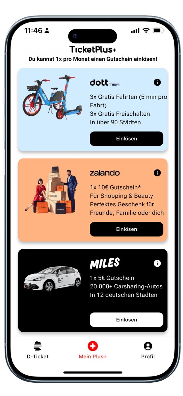 TicketPlus+ App – Voucher dott/TIER, Zalando, MILES
